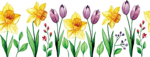 seamless border with spring flowers. watercolor frame of daffodils, tulips, cosmos, leaves and branches vector