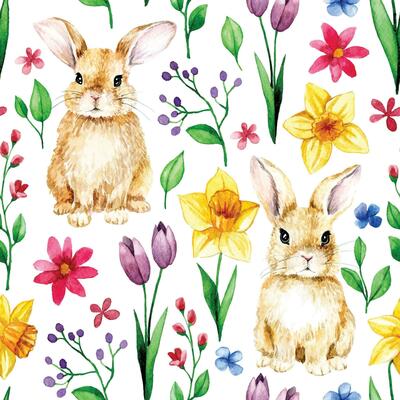 seamless pattern of cute Easter bunnies and spring flowers. daffodils, tulips, holiday print