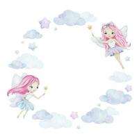 Cute little fairy with magic wand, stars, clouds. Children's background. Watercolor round frame. Isolated. Design for kid's goods, postcards, baby shower and children's room vector