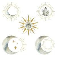 conjunto de creciente luna, sol, floral elementos. luna, Dom y. aislado acuarela ilustración en el tema de astrología y esoterismo magia celestial clipart para diseño, imprimir, tela o antecedentes vector