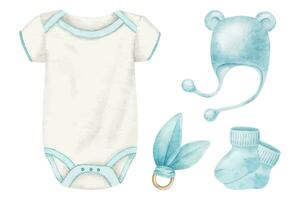 Set of clothes for newborn boy. Bodysuit, blue booties, cap and teether. Babyish accessories. Watercolor illustration. Isolated. Clipart for kids good and shop, cards, baby shower, kid's room and toy vector