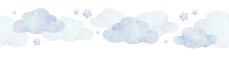 Air clouds and stars. Children's background. Watercolor baby seamless border. Isolated. Design for kid's goods, postcards, baby shower and children's room vector