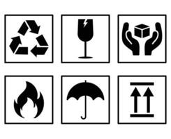 Common and warning symbol set in black and white flat style vector