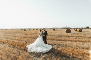 The bride and groom are standing in the field, and behind them are large sheaves of hay. The bride stands with her shoulders turned to the camera. Long elegant dress. Stylish groom. Summer photo