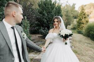 retrato de el novia y novio en naturaleza. elegante novio y morena novia en un blanco voluminoso vestido, caminando, participación manos y mirando a cada otro en contra el antecedentes de el bosque. foto