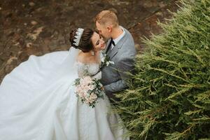 Wedding photo. The bride in a voluminous white dress and a long veil stands with the groom in the park on a stone path. View from above. Portrait of the bride. Beautiful curls. Beautiful makeup. photo