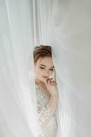 Beautiful bride. Wedding hairstyle - on a white background. Close-up portrait of a young gorgeous bride. Wedding. Portrait of a beautiful bride wrapped in a veil photo