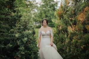 Wedding portrait. A brunette bride in a lace veil and a white dress with lace sleeves walks near the trees. Photo session in nature. sun rays