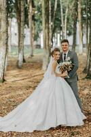 novia y novio en el antecedentes de un cuento de hadas bosque. real Boda concepto. el novio abraza el novia. sensibilidad y calma. longitud total retrato foto