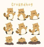 Cute groundhog animal set cartoon hand drawing, happy groundhog day collection. vector