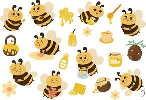 gordito abejas y miel colocar. abeja dibujos animados linda dibujo. vector