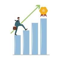 Abstract vector illustration with a young businessman walking up on chart bars towards a reward mark. Modern design for business concept.