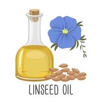 Linseed oil, seeds, flowers and flax plant. Linseed oil in a bottle. Food. Illustration, vector