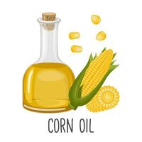 Corn oil, sweet corn seeds and cobs. Corn seed oil in a bottle. Food. Illustration, vector