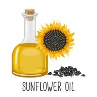 Sunflower oil, sunflower seeds and flowers. Sunflower seed oil in a bottle. Food. Illustration, vector