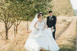 Wide-angle portrait of a bride and groom walking against a background of trees and a field. The bride is in front of the groom, the groom is holding the train of the dress behind her. photo