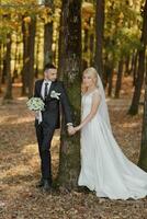 bride and groom on the background of a fairy-tale forest. Romantic views, promotional photo Wedding couple holding hands, stylish wristwatch