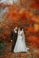 Boda Pareja en un caminar en el otoño parque, medio retrato, sitio para texto foto