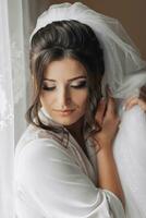 Portrait of the bride. A brunette bride in a dressing gown, posing, holding her voluminous white veil and looking down. Gorgeous make-up and hair. Voluminous veil. Wedding photo. Beautiful bride photo