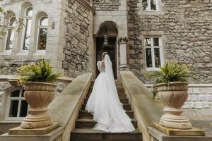 A bride in a dress climbs the stairs. Beautiful lady in a luxurious dress. Graceful bride. The bride climbs the stairs, a dress with a long train photo