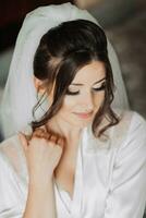 Portrait of a brunette bride touching her face. Gorgeous make-up and hair. Voluminous veil. Wedding photo. Beautiful bride photo