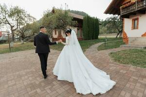 Wedding photo. The groom in a black suit and the bride in a long white dress walk along the stone path holding hands, against the background of huts. Rear view. Portrait. Beautiful crowns. photo