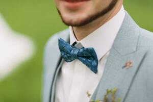 Cropped photo. Groom's blue bow tie and beard. Stylish groom on the background of a green field. White shirt. Fashion and style. photo