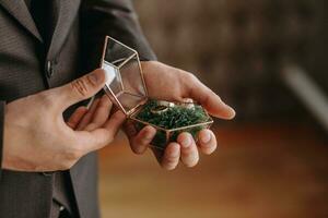 Wedding gold rings on a decorative glass box with wooden green moss, standing in the hands of the groom, close-up. Jewelry concept photo