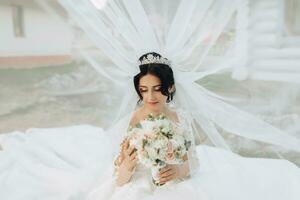 A brunette bride with a crown on her head, in a white voluminous dress and covered with a veil, poses with a bouquet in her hands. Beautiful hair and makeup. Wedding shooting photo