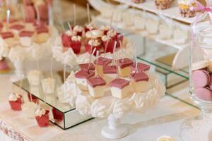 un delicioso boda. caramelo bar para un banquete. celebracion concepto. de moda postres mesa con dulces, dulces. frutas foto