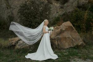 The bride is standing near a rock high in the mountains, next to a large stone. Wedding Dress. The wind tears the veil photo