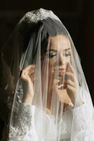 Happy beautiful bride under veil closeup. Beautiful bride shows makeup and hairstyle. Bride in a white dress plays with her veil. photo