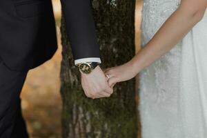 Wedding couple bride and groom holding hands, stylish wristwatch photo