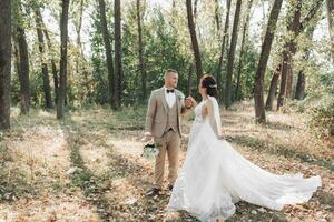 Boda foto. el novia y novio son en pie en el bosque participación manos y mirando a cada otro. largo tren de un Boda vestido. Pareja en amor. verano ligero. foto