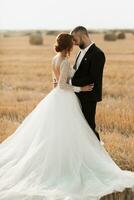 Boda retrato de el novia y novio en pie abrazando y propensión su narices en contra cada otro. Pelirrojo novia con abierto espalda. elegante novio. verano foto