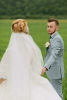 portrait of the bride and groom walking on a green meadow against the background of mountains. Rear view. Magnificent dress. Stylish groom. Wedding photo