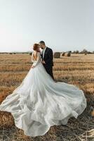 The bride and groom are standing in the field, and behind them are large sheaves of hay. The bride stands with her shoulders turned to the camera. Long elegant dress. Stylish groom. Summer photo