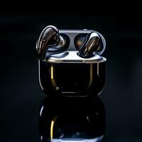 AI generated TWS Bluetooth Earbuds black color  in black background ai generated photo