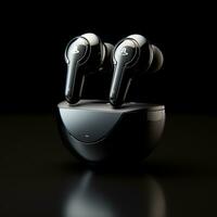 AI generated TWS Bluetooth Earbuds black color  in black background ai generated photo