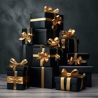 AI generated Christmas black gift box with gold ribbon ai generated photo