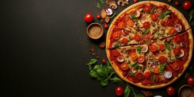 AI generated flat lay with pizza. delicious pizza with vegetables and sausage, top view, with space for text photo