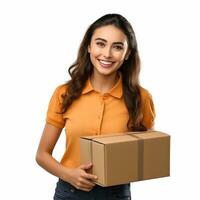 AI generated cute courier girl with a box in her hands. delivery symbol, courier service, home delivery photo