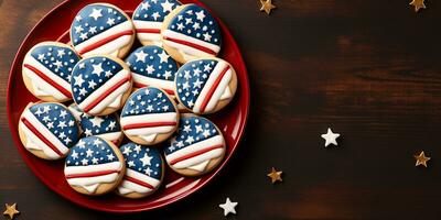 ai generado plano laico para Estados Unidos independencia día. plato de galletas con americano bandera. linda símbolo de America, fiesta a hogar, hecho en casa galletas foto