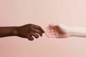 AI generated the hands of an African American and a European touch each other. themes relationships, diversity race photo