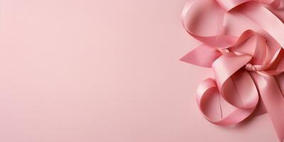 ai generado plano laico rosado arco en un rosado antecedentes. rosado cinta, símbolo de el lucha en contra pecho cáncer. foto