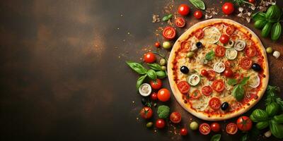 ai generado plano laico con Pizza. delicioso Pizza con vegetales y embutido, parte superior vista, con espacio para texto foto