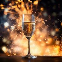 AI generated glasses of champagne against the backdrop of festive fireworks and gold sparkles. festive background for Christmas, New Year. AI generated photo