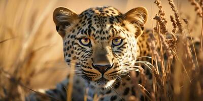 ai generado leopardo, leopardo caza en el sabana. safari. foto