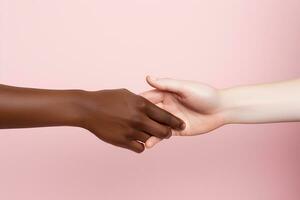 AI generated the hands of an African American and a European touch each other. themes relationships, diversity race photo