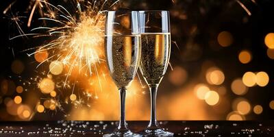 AI generated glasses of champagne against the backdrop of festive fireworks and gold sparkles. festive background for Christmas, New Year. AI generated photo